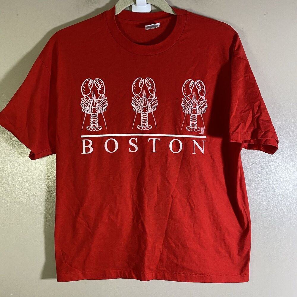 VINTAGE Boston Lobster Shirt Mens Extra Large Red MA 90s Single Stitch Adult